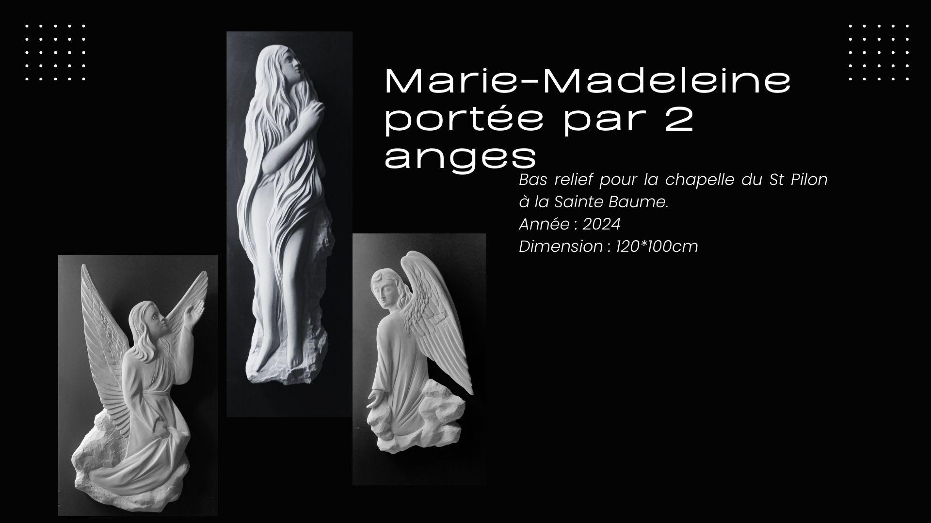 Sculpture sur pierre Marie-Madeleine portée par deux anges